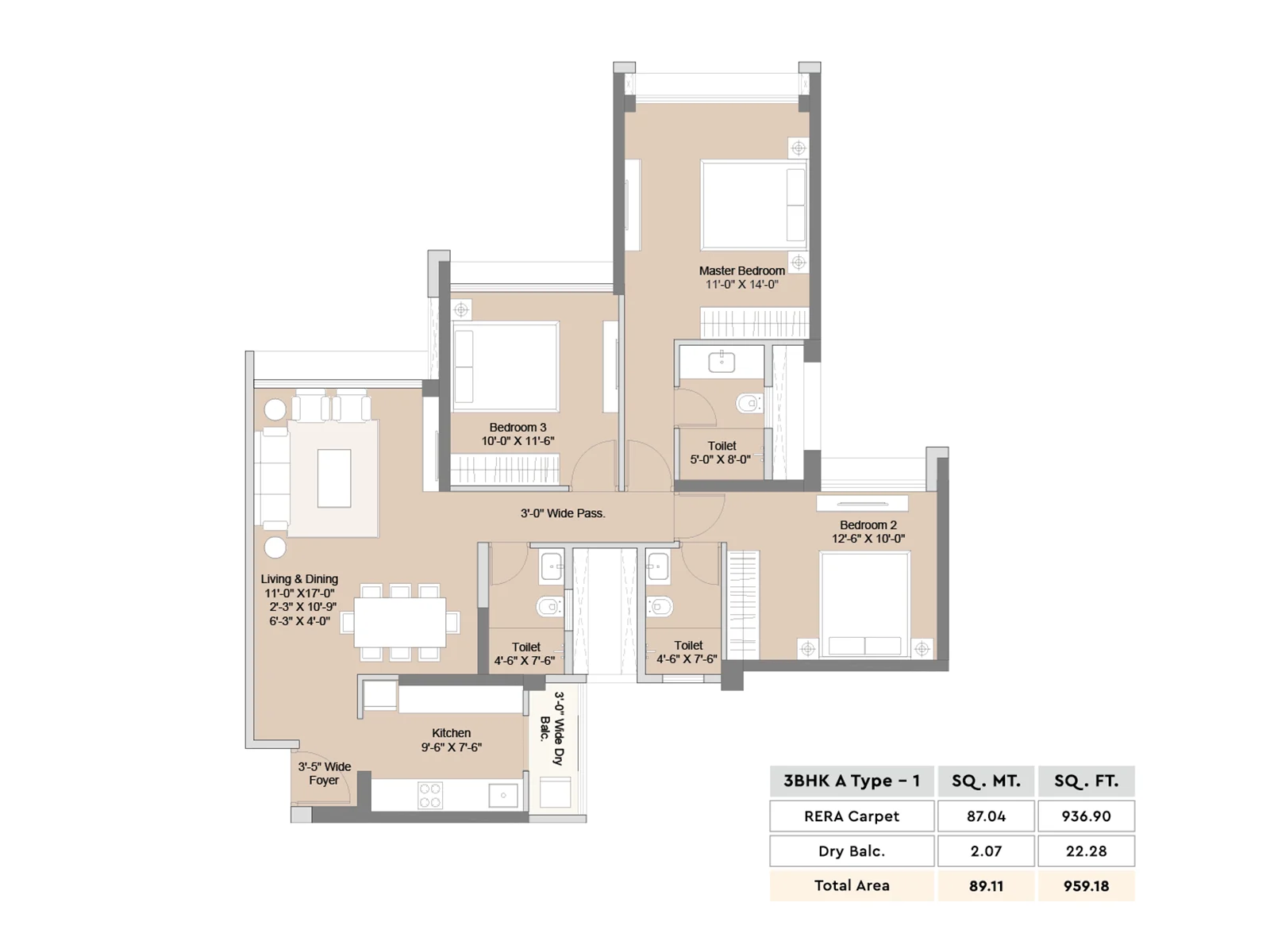 3 BHK Wing A Type 1 floor plan with room dimensions