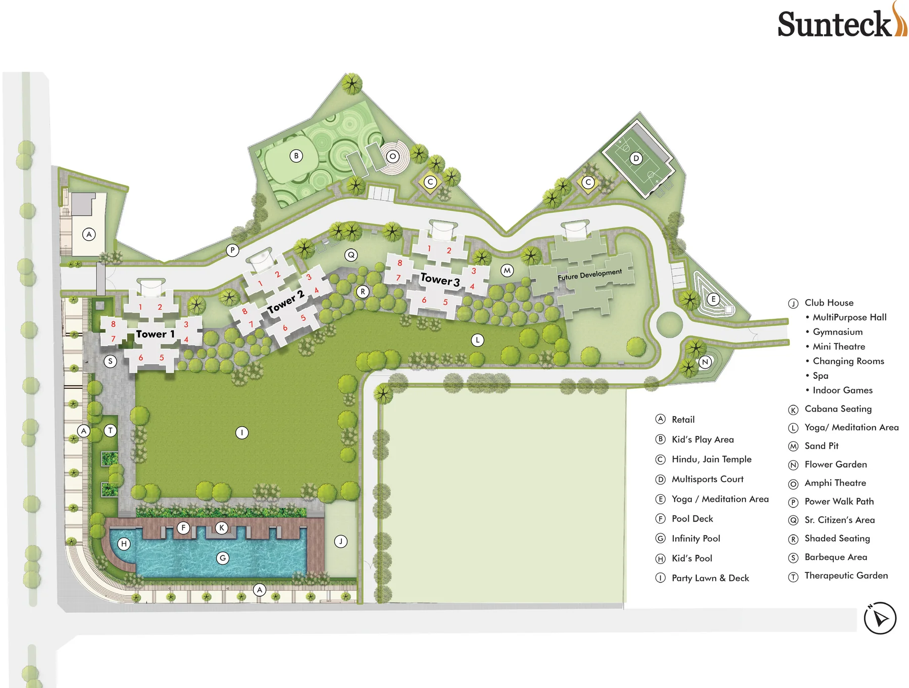 Master layout plan showing Towers 1, 2 and 3 around the infinity pool, party lawn, clubhouse, temple, sports court and garden zones